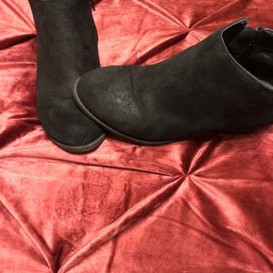 Black suede booties with zip side